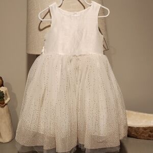 2T White Sleeveless Dress with Gold Polka Dotted Accents On Tulle